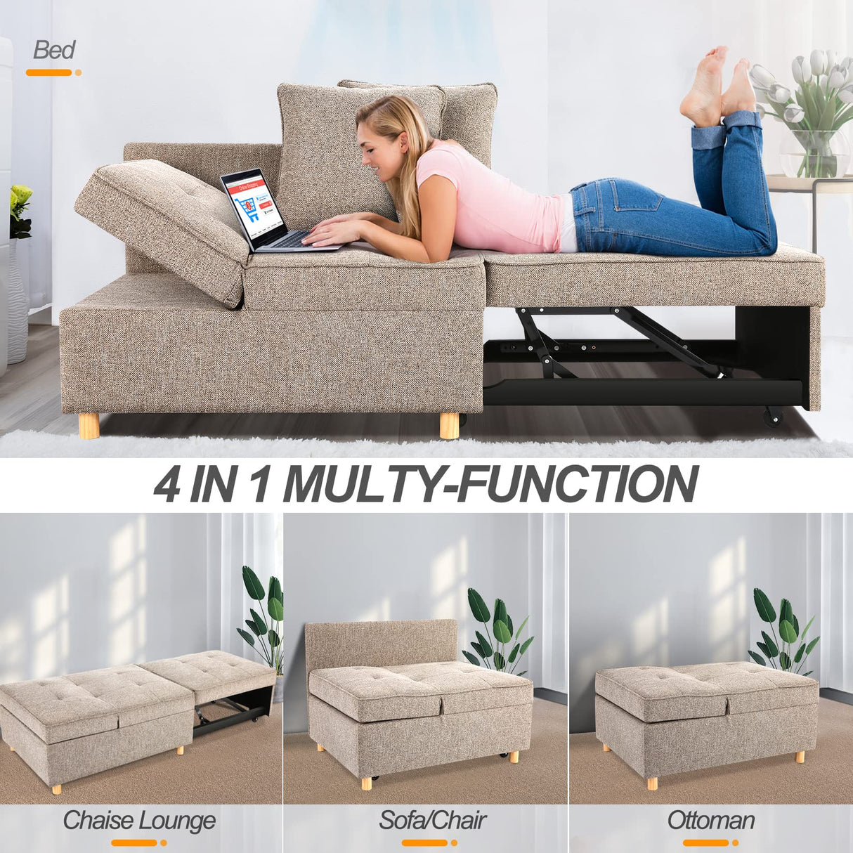 SEJOV Sofa Bed Chair 4-in-1 Convertible Chair Bed, 3-Seat Linen Fabric loveseat Sofa with 2 Throw Pillow, Single Recliner for Small Space with 5 Adjustable Backrest, Brown Grey SEJOV