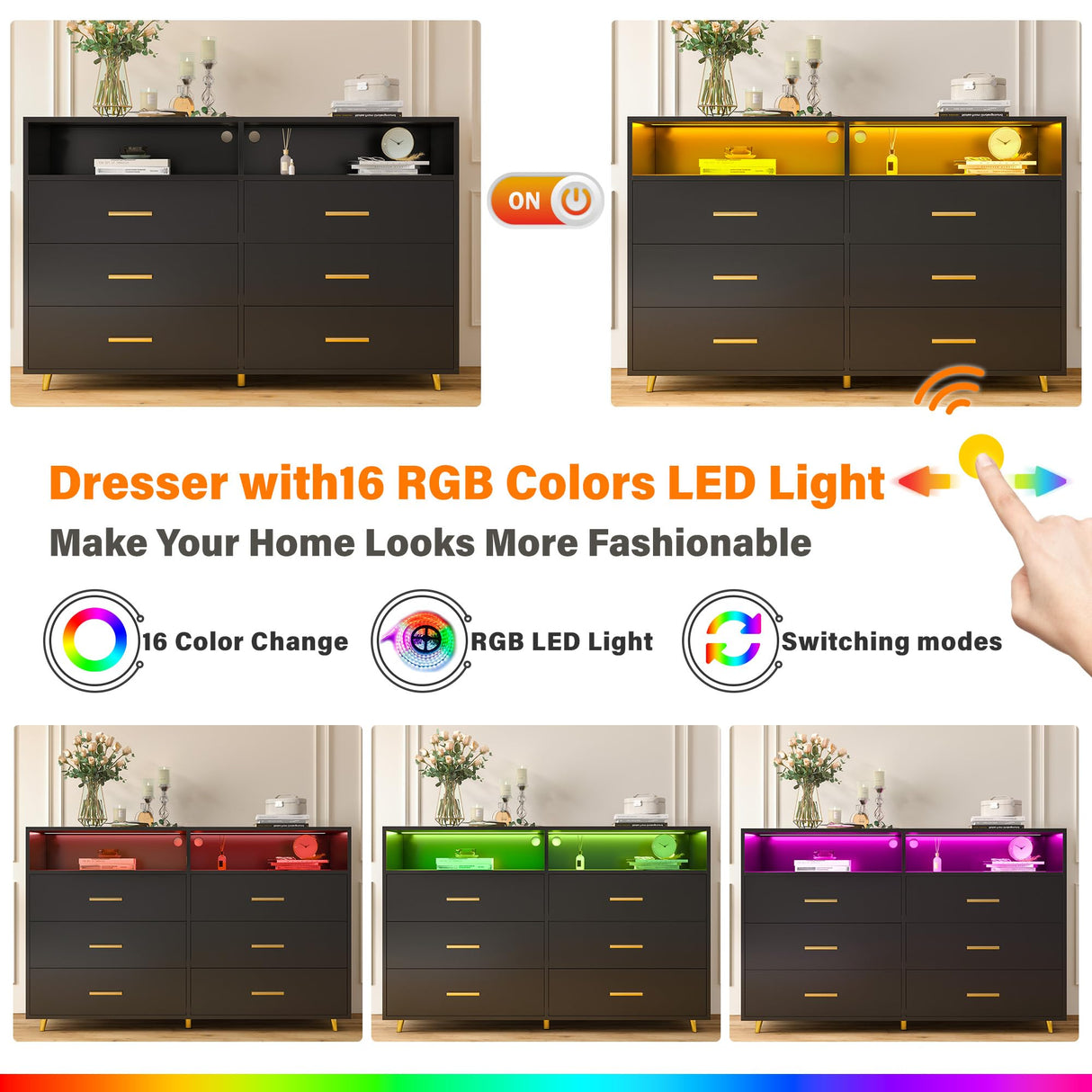 EnHomee Black Dresser for Bedroom with 6 Drawers and Shelves,Modern Wood Dresser with LED Lights,Large TV Stand,Hallway,47.3" W x 39.4" H x 15.8" D,Black EnHomee
