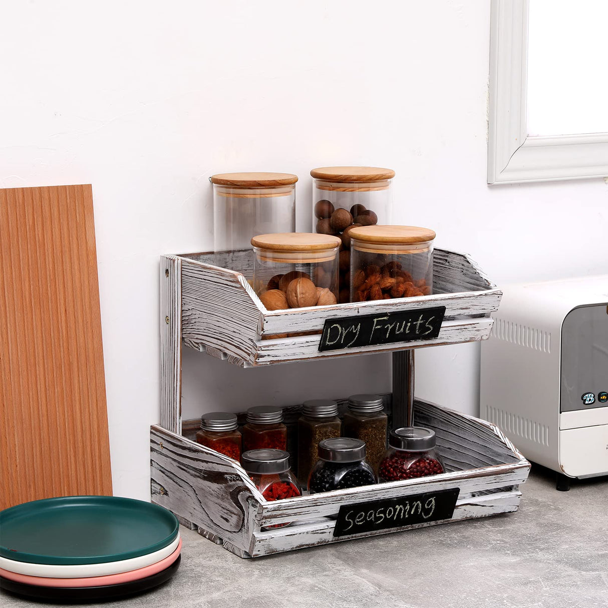 HYLEHE Fruit Basket Holder Vegetable Stand Bread Racks,2 Tier Farmhouse Standing Wooden Organizer,Classic Pastoral Food Basket for Kitchen,Office,Dining Room and Guest Room (Need Assemble) HYLEHE