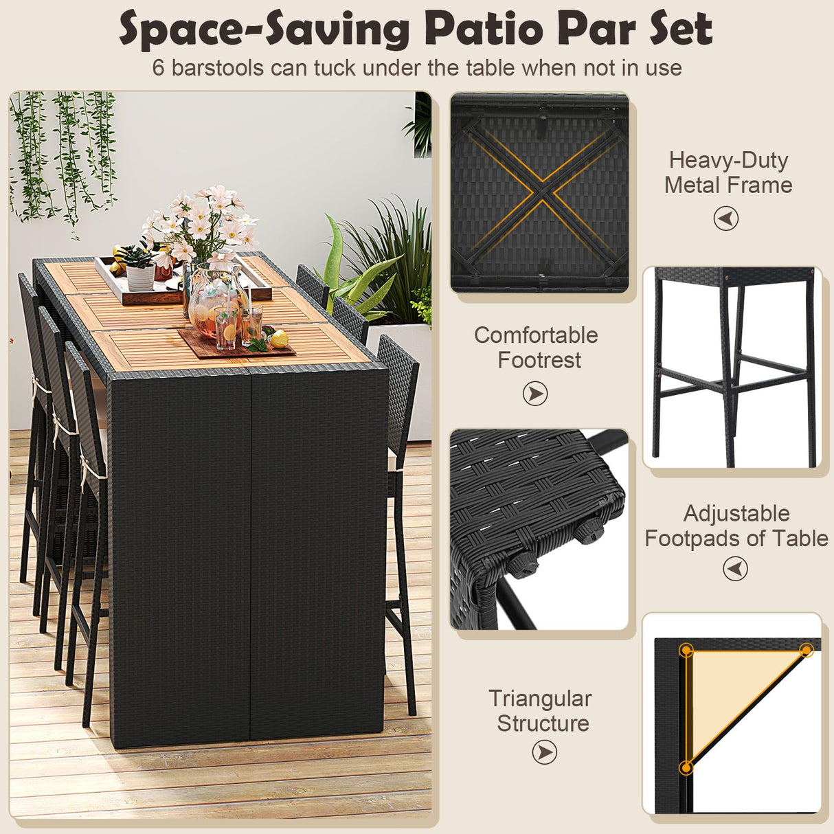 RELAX4LIFE 7-Piece Outdoor Bar Set - Wicker Rattan Bar Height Dining Table w/Acacia Wood Top & 6 Bar Stools Chairs w/Seat Cushions, Backrest, Footrest, Outside Patio Bistro Set for Backyard (73'') RELAX4LIFE