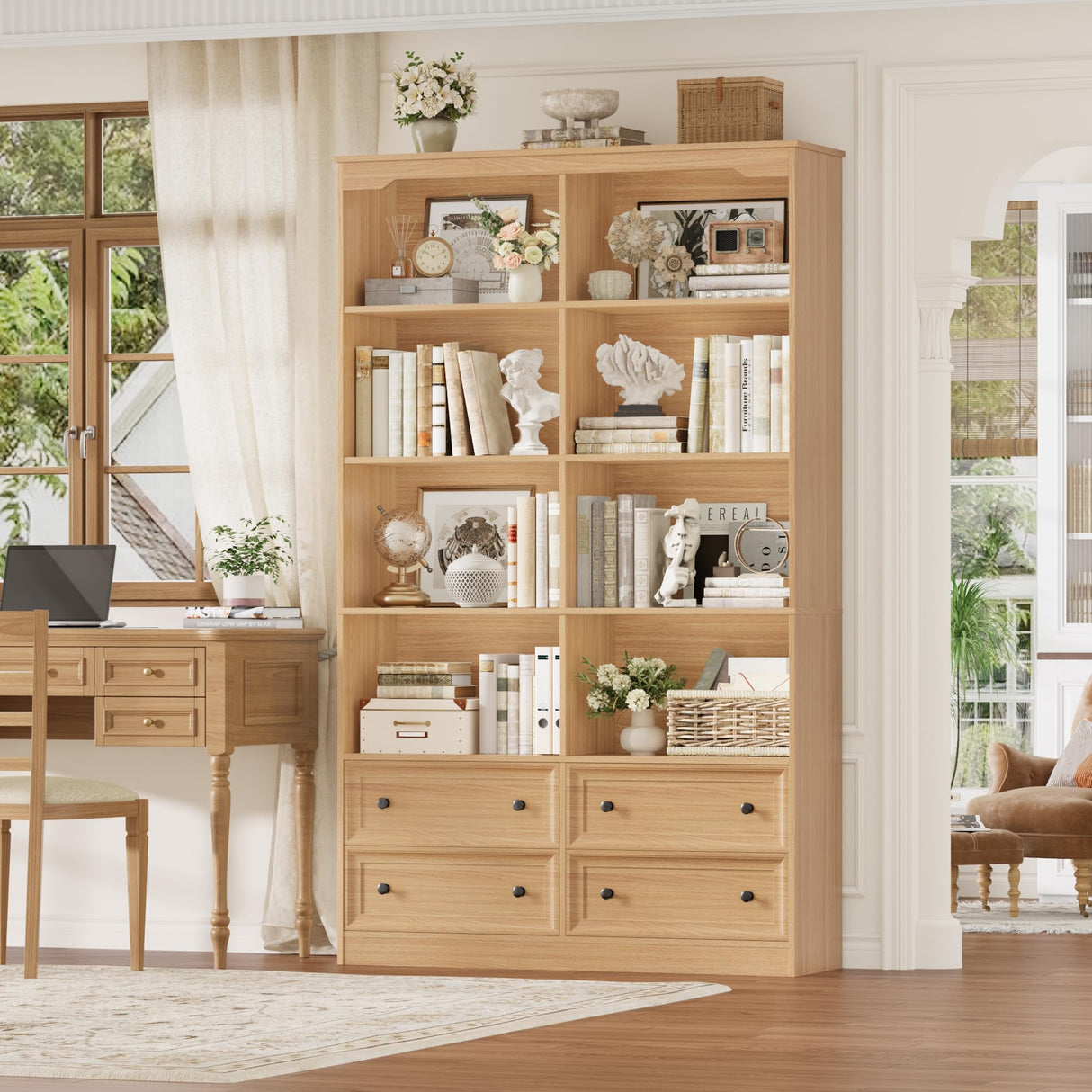 FINETONES 71" Tall Bookshelf with 4 Drawers, 6-Tier Double Wide Bookshelves and Bookcases with Storage, Natural Bookshelf Large Open Bookshelves Standing Book Cabinet for Home Office FINETONES