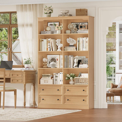 FINETONES 71" Tall Bookshelf with 4 Drawers, 6-Tier Double Wide Bookshelves and Bookcases with Storage, Natural Bookshelf Large Open Bookshelves Standing Book Cabinet for Home Office