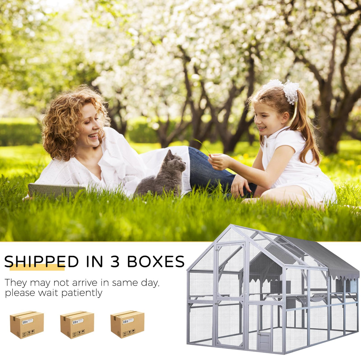 HYDRAGARDEN Large Catio Outdoor Cat House Enclosure Wooden Cat Cage Kitten Condo for Multiple Pets Walk in, with Bouncy Bridge, Platforms, Small Houses and Weatherproof Roof - 111”x74”x74” HYDRAGARDEN