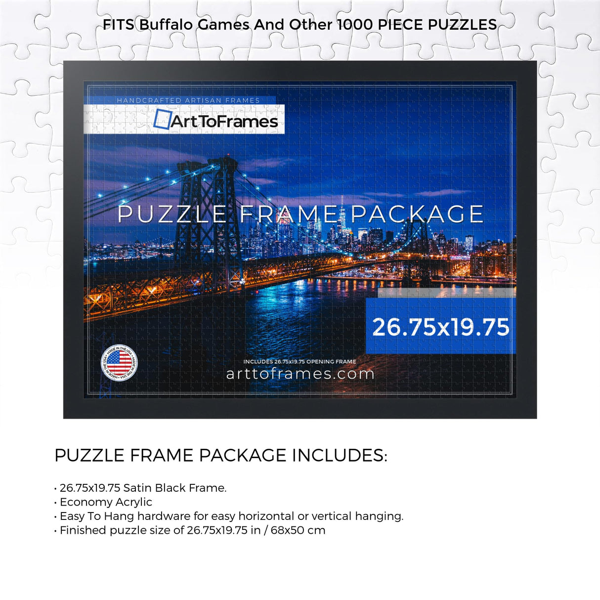 ArtToFrames 26.75x19.75 INCH/68x50 CM Black Frame for 1000 Piece Puzzles.This 1.25 Inch Custom MDF Puzzle Frame is Black - Comes with Economy Acrylic (Puzzle5180-26.75x19.75) ArtToFrames