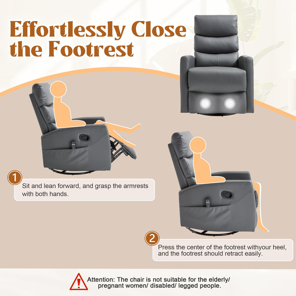 Manual Swivel Rocker Recliner Chair with Massage, Overstuffed Recliner Glider with Vibration Massage and Heat for Nursery, Living Room Reclining Sofa Chair, PU Leather Gray Luxlen