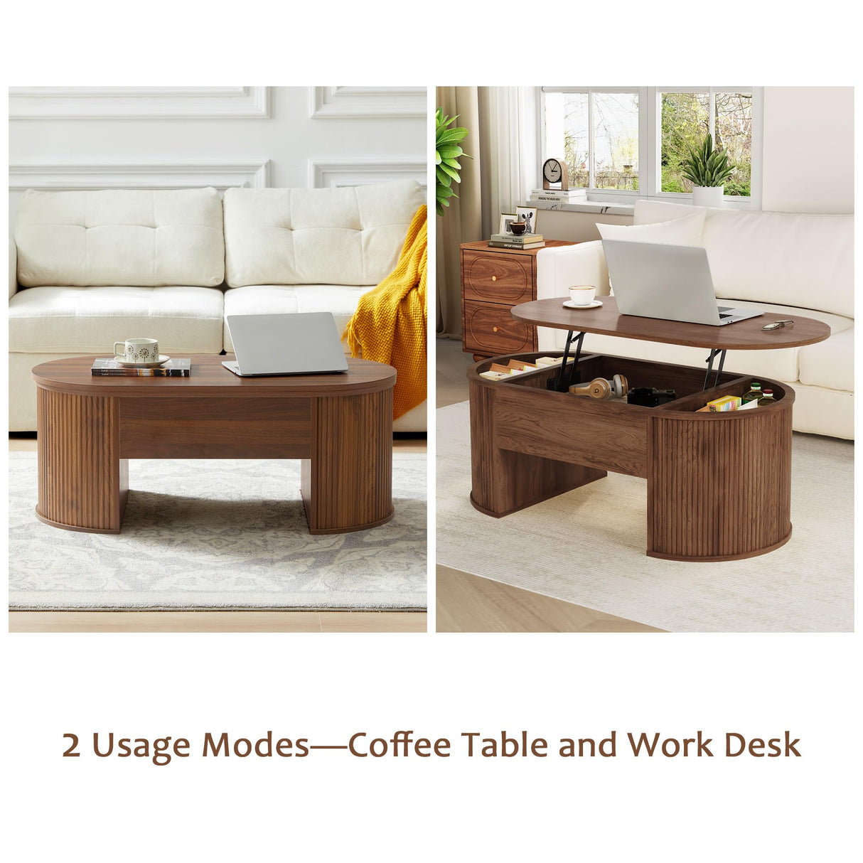 QHITTY Fluted Coffee Table with Lifting Top, Oval Wood Lift Top Coffee Table with Hidden Compartment, Mid Century Pull up Center Tables for Living Room, Office - Walnut QHITTY