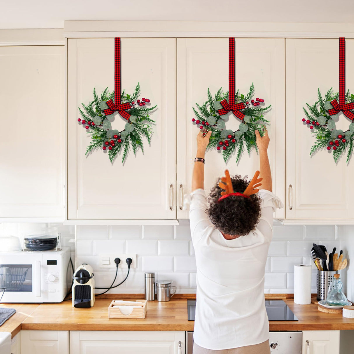 2Pcs Christmas Wreath, 10 Inch Mini Wreaths for Kitchen Cabinets, Christmas Door Wreath, Small Christmas Wreath for Fireplace Window Farmhouse Indoor Home Decorations JUSTOTRY