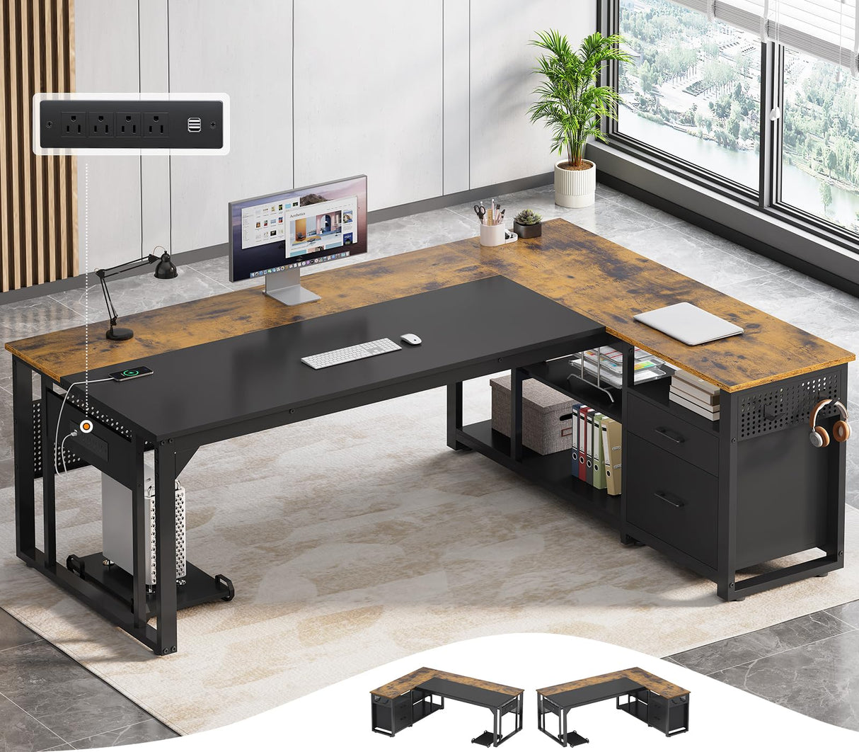 UPOSOJA 71 in Executive Desk with Power Outlets, Reversible L Shaped Desk with File Drawers & Storage Shelves, Large Office Desk Computer Desk with Pegboard, Mobile CPU Stand, Modern Corner Desk UPOSOJA