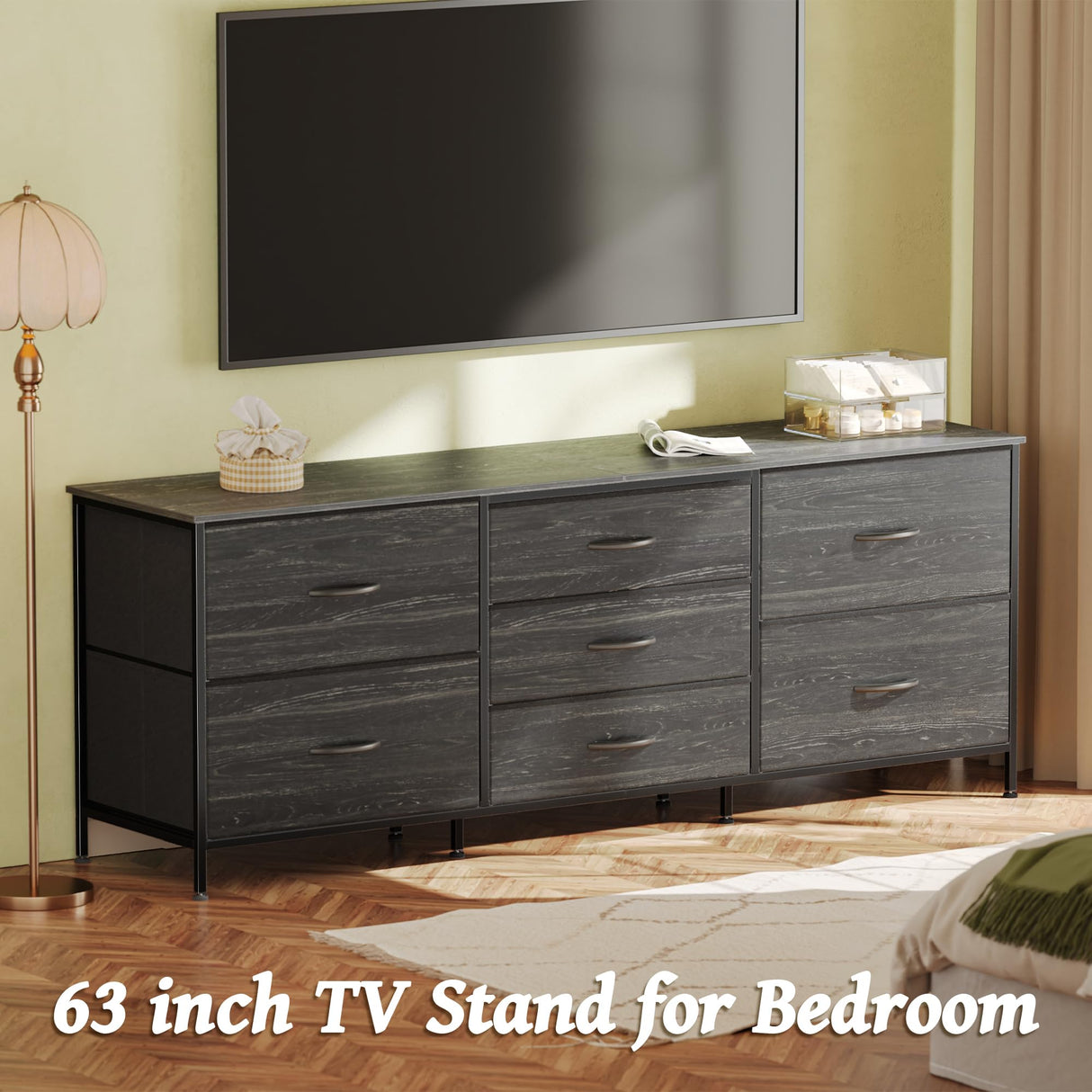 Huuger Dresser for Bedroom, 63 Inch Dresser TV Stand for 55, 65, 70 Inch TV, Long Dresser, Fabric Dresser, TV Stand with 7 Drawers, Dresser for Closet, Clothing, Charcoal Black Wood Grain Print Huuger
