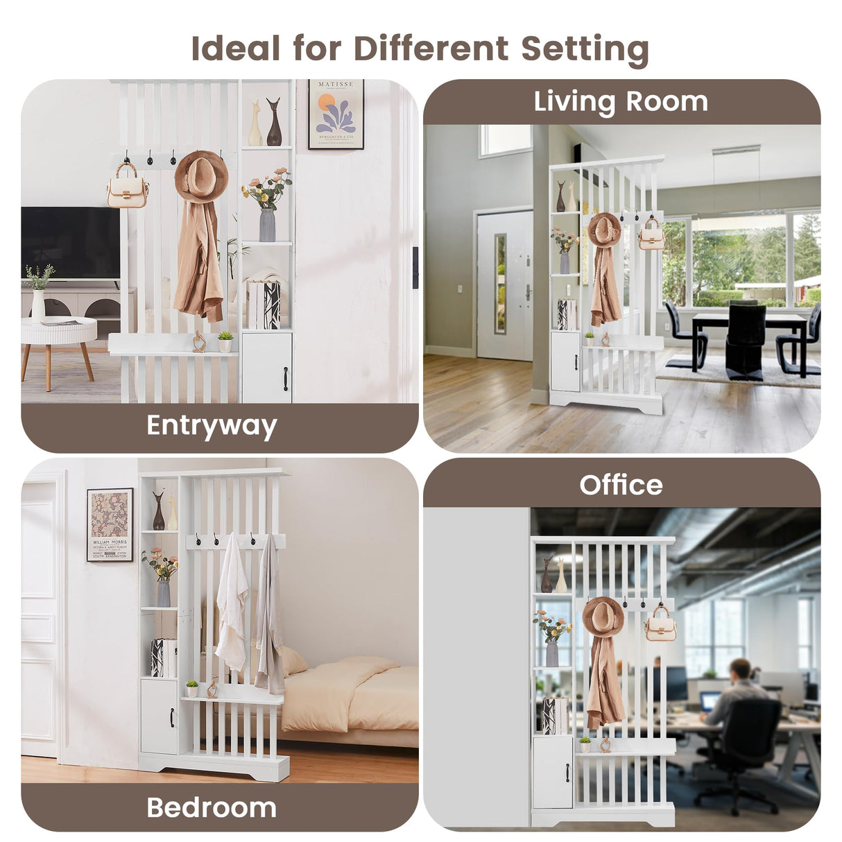 Room Divider with Shelves, Wall Room Divider Bookshelf, Freestanding Wood Privacy Screen with Storage Cabinet, Coat Rack, Display Shelf for Living Room Separation, Home Office Decorative (White) SAHISTCT