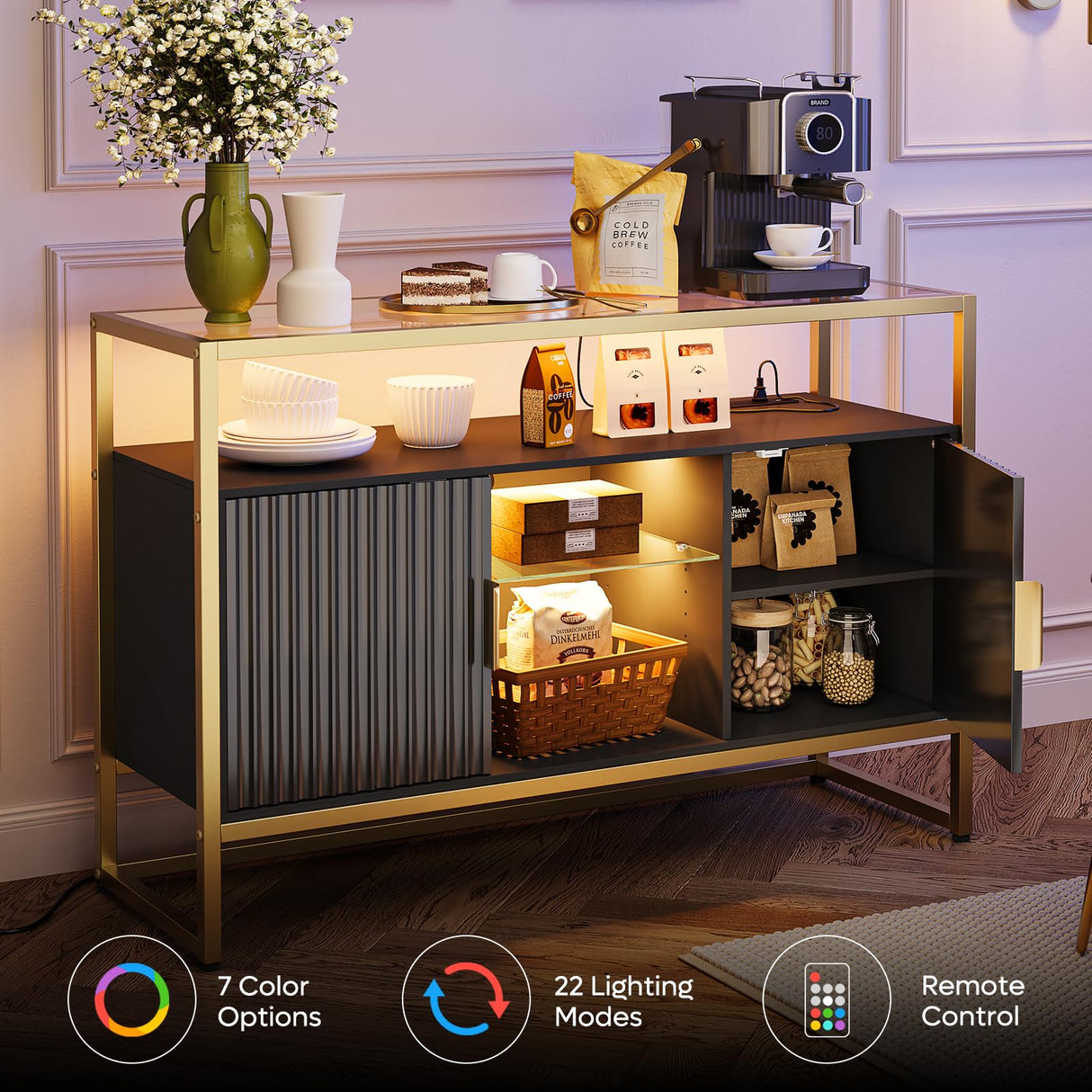 Bestier Coffee Bar Cabinet with Power Outlet, 47" Modern Buffet Cabinet with Storage, Glass Shelves, and LED Light, Fluted Bar Cabinet with Door for Living Room, Bedroom, Classic Black Bestier