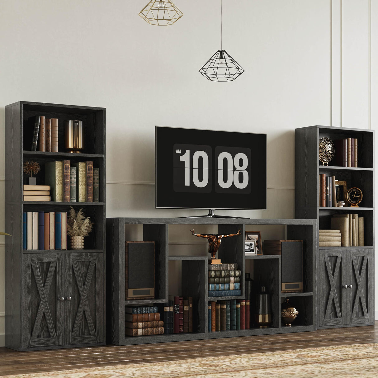 IRONCK Industrial Bookshelves and Bookcases with Doors 11.8 in Depth Set of 2 Floor Standing 5 Shelf Display Storage Shelves Bookcase Home Decor Furniture for Home, Office, Living Room, Bedroom IRONCK