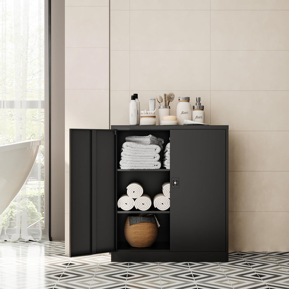 Fesbos Metal Storage Cabinet-36” Tall Steel File Cabinets with Lockable Doors and Adjustable Shelves-Black Steel Storage Cabinet for Home Office, School, Garage Fesbos