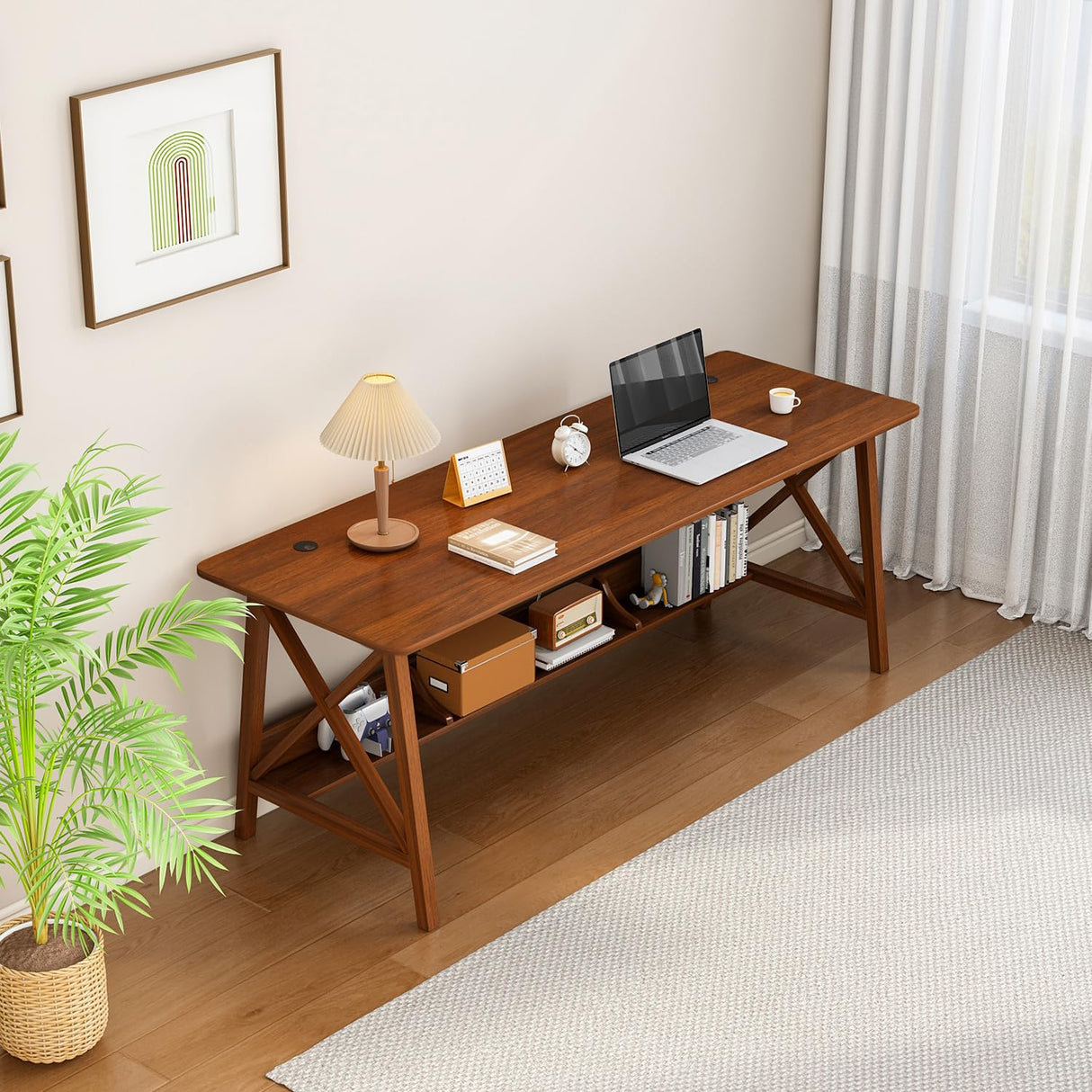 NELYE Extra Long Desk with Bookshelf - Solid Wood Home Office Work Study Table, 2-Person Writing Computer Workstation with Storage Shelf in Walnut, 63" Wx20 Dx30 H NELYE