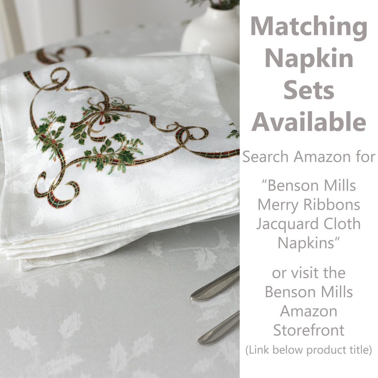 Benson Mills Merry Ribbons Engineered Printed Jacquard Fabric Christmas Table Cloth, for Christmas, Winter, and Holiday Tablecloth (60" x 120" Rectangular, Merry Ribbons) Benson Mills