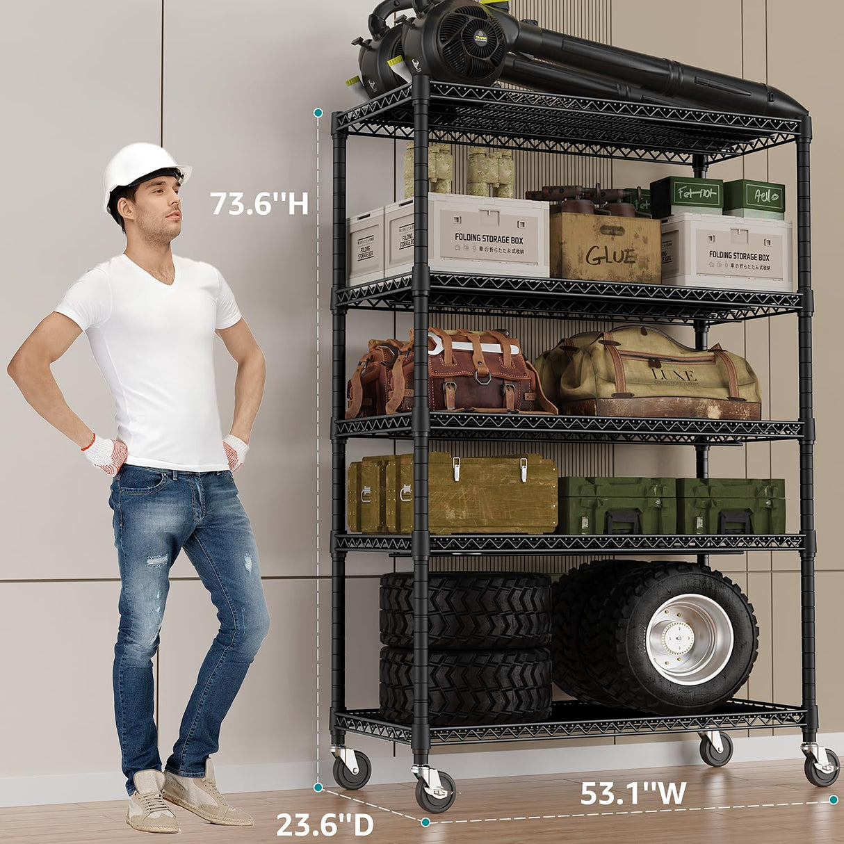 IZEUK Garage Shelving Wide Storage Shelves 5 Tier Metal Shelves 4000 LBS Heavy Duty Adjustable Utility Shelf Rack Black 23.6" D x 53.1" W x 73.6" H IZEUK