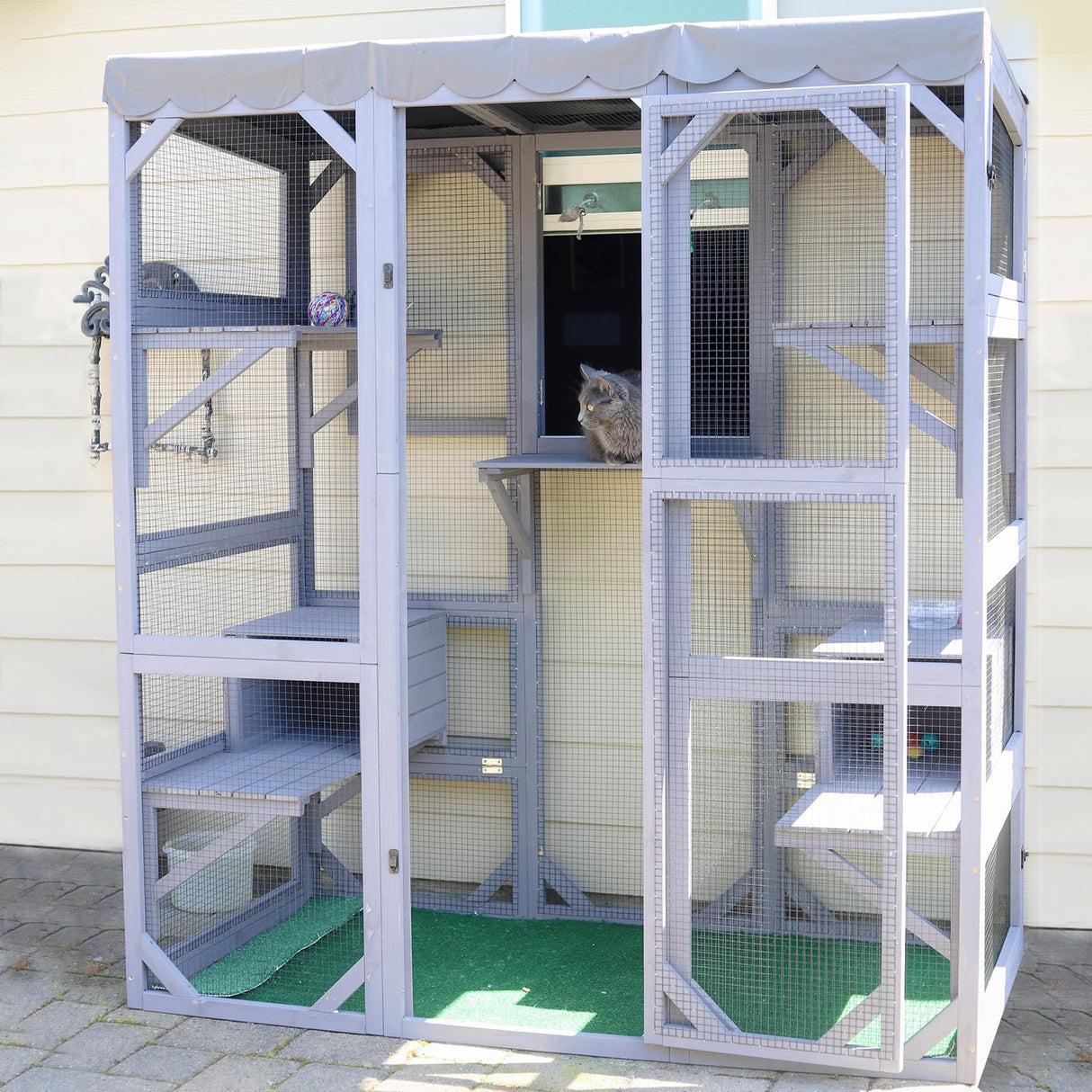 GUTINNEEN Catio Outdoor Cat Enclosure Large Walk in Window Cat House for Mulitiple Cats with 7 Platforms and 2 Resting Box,Tarp Roof,71 inch GUTINNEEN