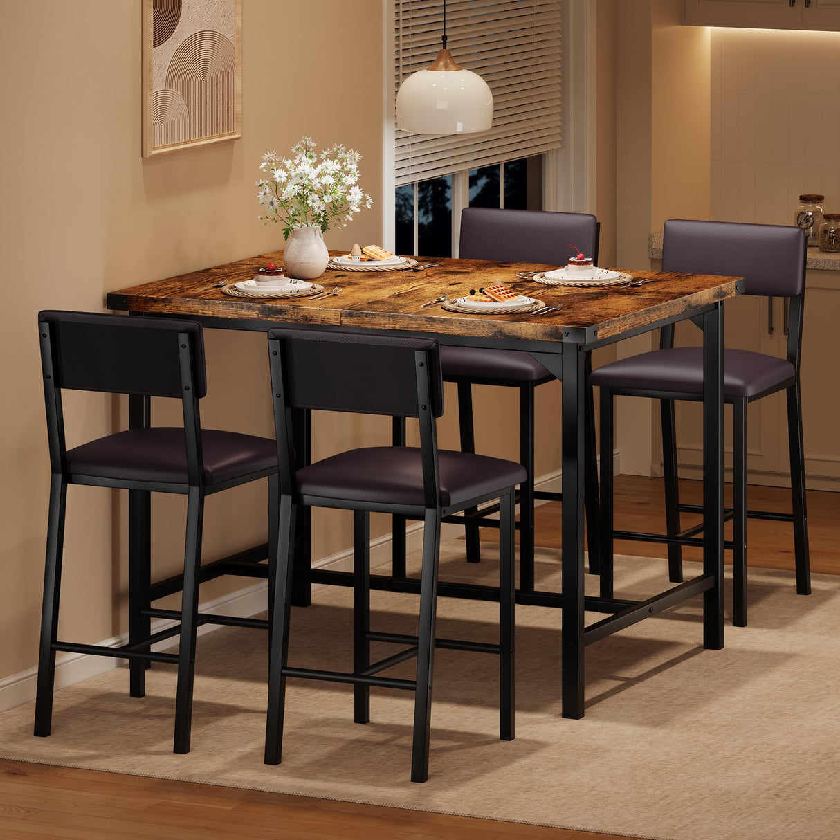 IDEALHOUSE Dining Table Set for 4 w/Footrest & Corner Protector, 5-Piece Kitchen Table Set with Counter Height Table & 4 Upholstered Bar Stools, for Kitchen Room, Apartment, Pub,Retro Brown IDEALHOUSE