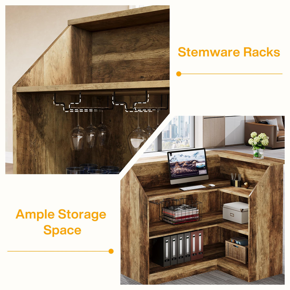 Tribesigns Reception Desk with Storage Shelves, L-Shaped Modern Front Desk, Reception Counter Table for Small Office, Salon, Checkout Office (Brown) Tribesigns