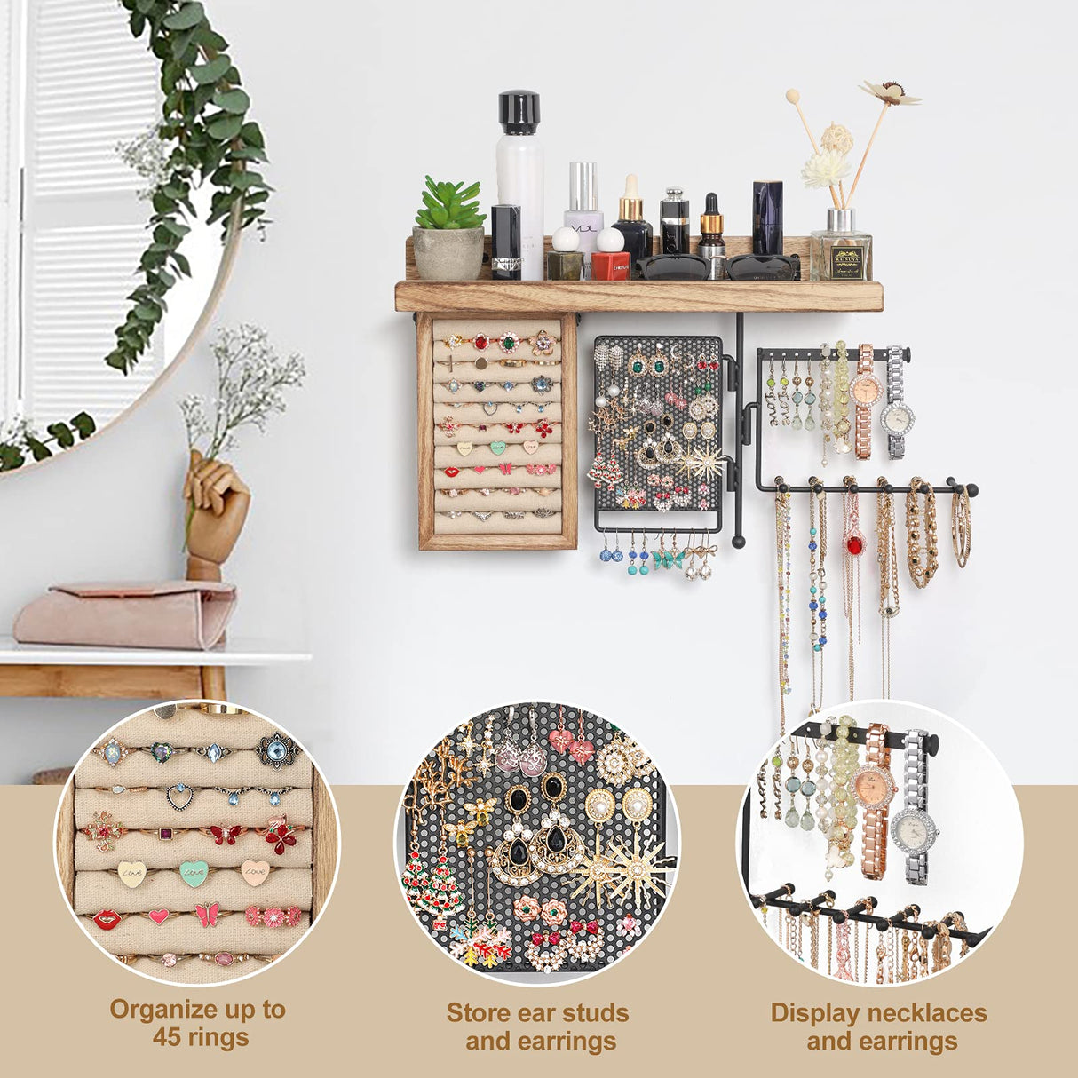 SOLIMINTR Hanging Jewelry Organizer Wall Mount with Rustic Wood Shelf, Ring Display Box, Ear Studs Earring Holder, Rotating Necklace Holder Organizer SOLIMINTR