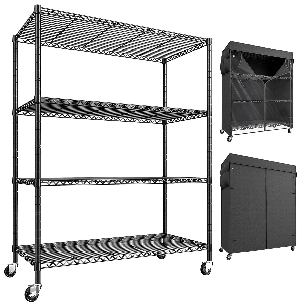 REIBII 4-Tier Storage Shelves Wire Shelving Unit with Cover & Wheels, Heavy Duty Metal Shelving for Dorm Storage Shelves, Garage Storage Rack Commercial Shelf, 36" W*14.3" D*56.5" H REIBII