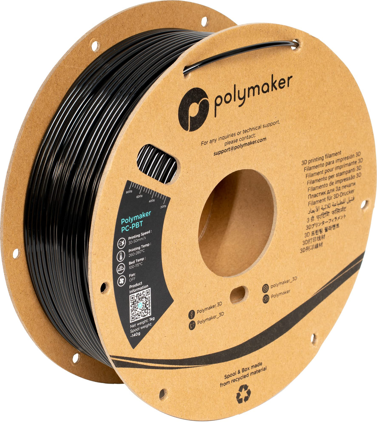 Polymaker PC-PBT Filament 2.85mm, Black Polycarbonate Filament 2.85mm PBT Blend, 1kg Cardboard Spool - Low Temperature Toughness Good Chemical Resistance POLYMAKER