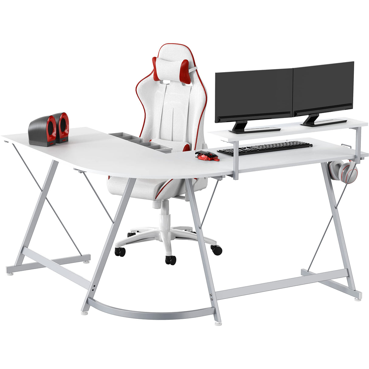 SHW Vista L-Shape Desk with Monitor Stand, White SHW