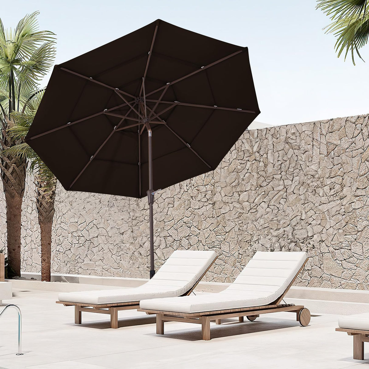 JEAREY 9FT 3 Tier Patio Umbrella Outdoor Market Umbrella Table Umbrellas Sunbrella with Button Tilt and Crank UV Protection Outside Garden Pool Umbrella,Coffee JEAREY