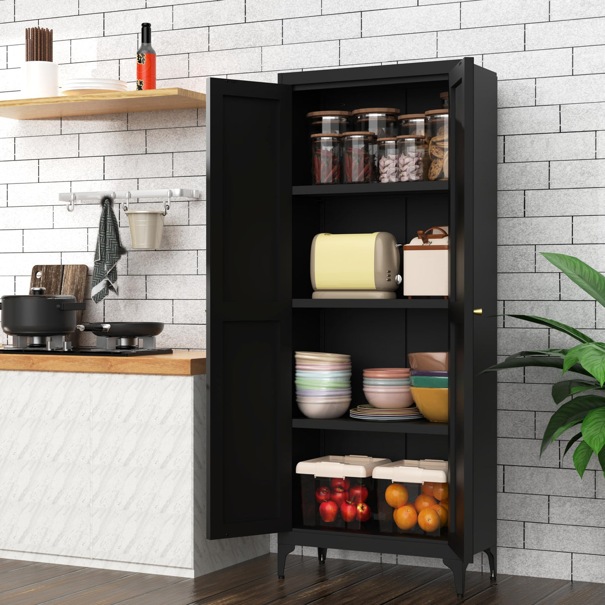 Howzone Tall Pantry Cabinet, 65" Kitchen Cupboard with Doors and Adjustable Shelves, Food Pantry Cabinets, Metal Hutch Cabinet with Storage for Kitchen, Living Room, Dining Room, Black Howzone
