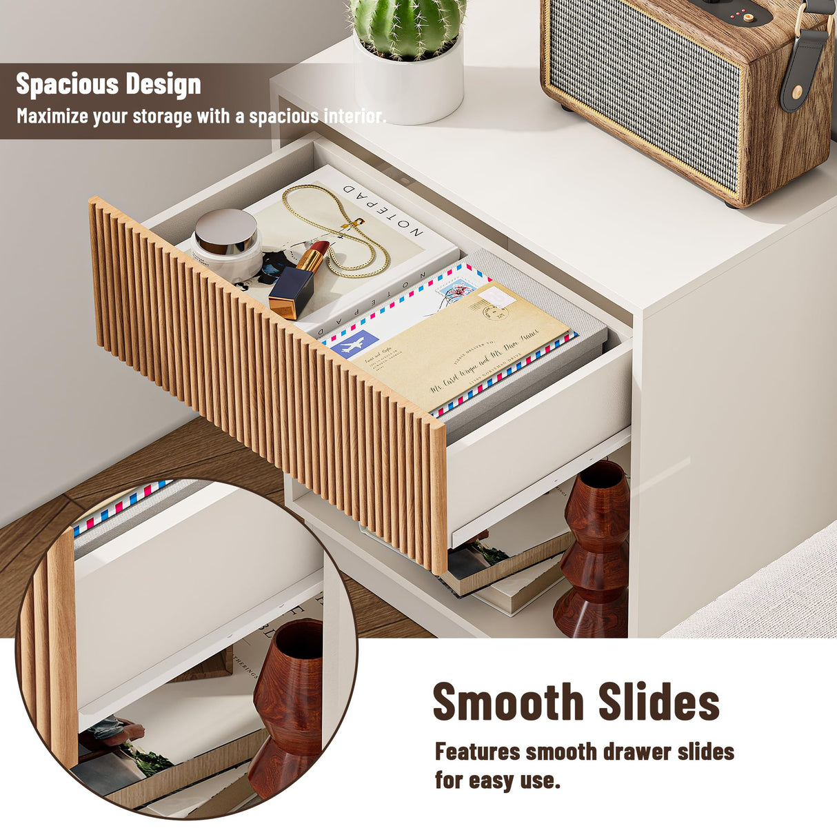 Fluted Nightstands Set of 2, Modern Bedside Table with Drawer and Storage Shelf, Wood End Table Mid Century Night Stands for Bedroom Living Room Sofa Couch Office (White+Oak) INNOD