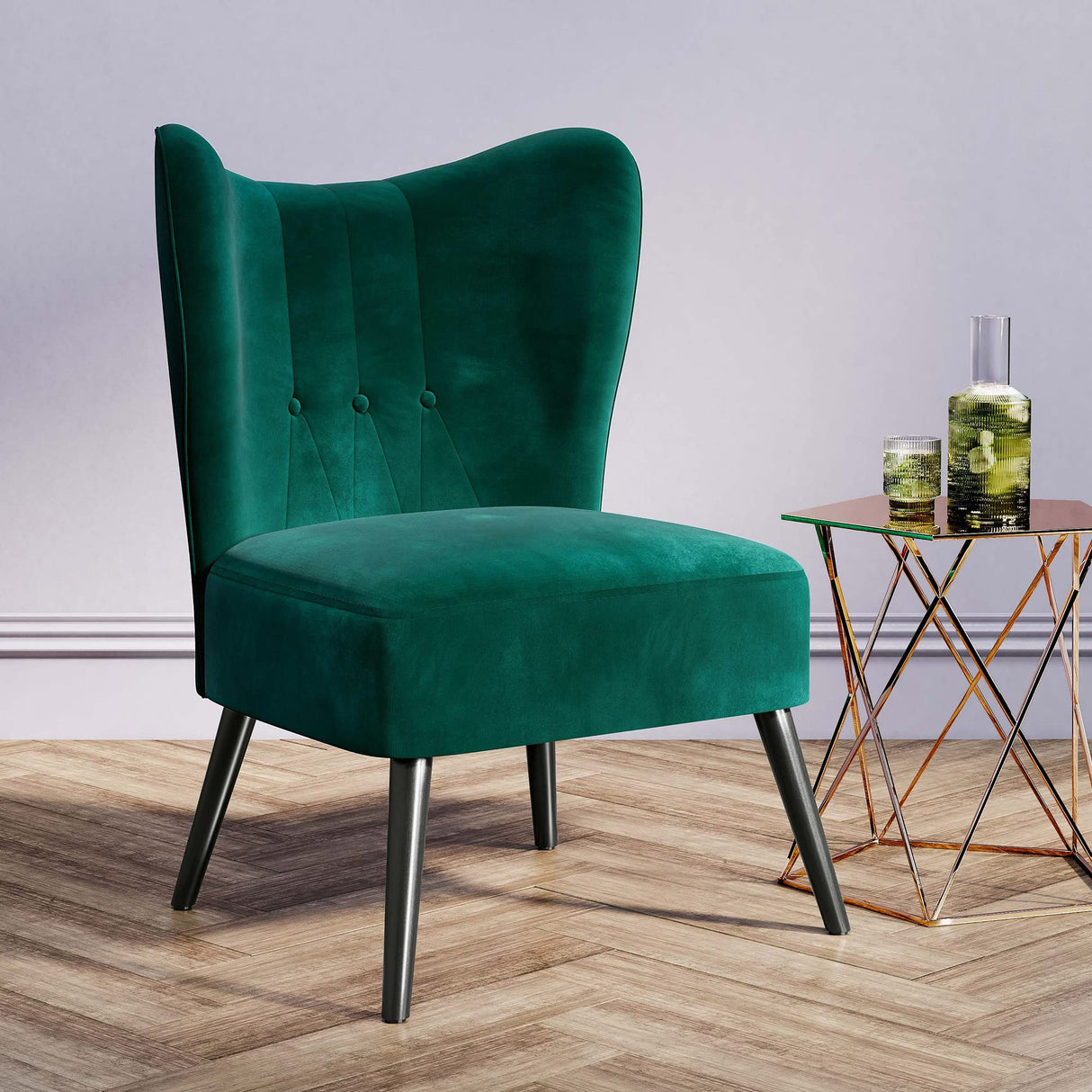BELLEZE Modern Velvet Accent Chair, Wingback Small Upholstered Reading Chair with Solid Wood Legs, Comfy Tufted Button Armless Corner Chair for Living Room, Bedroom - Sheila (Green) BELLEZE