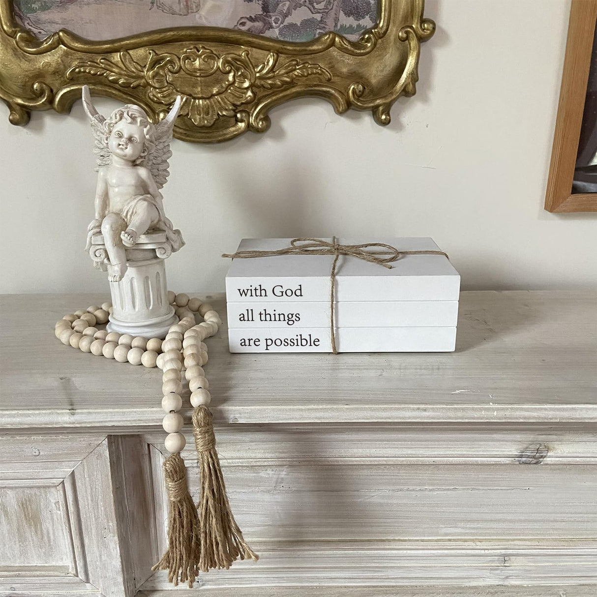 Decorative Books for Home Decor, White Faux Books for Decoration, Rustic Farmhouse Stacked Display Books (with God All Things are Possible) OMISHE