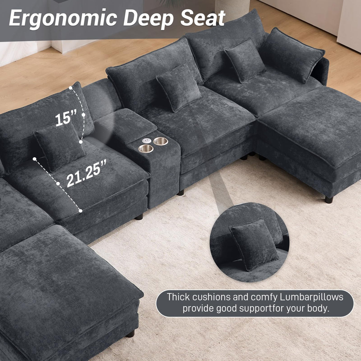 145" Oversized Modular Sectional Sofa U Shaped Cloud Couch 6 Seat Sofa Set for Living Room Comfy Fluffy Chenille Deep Seat with Movable Ottomans, Storage Console, Cup Holders, USB Ports, Dark Grey BEQAI