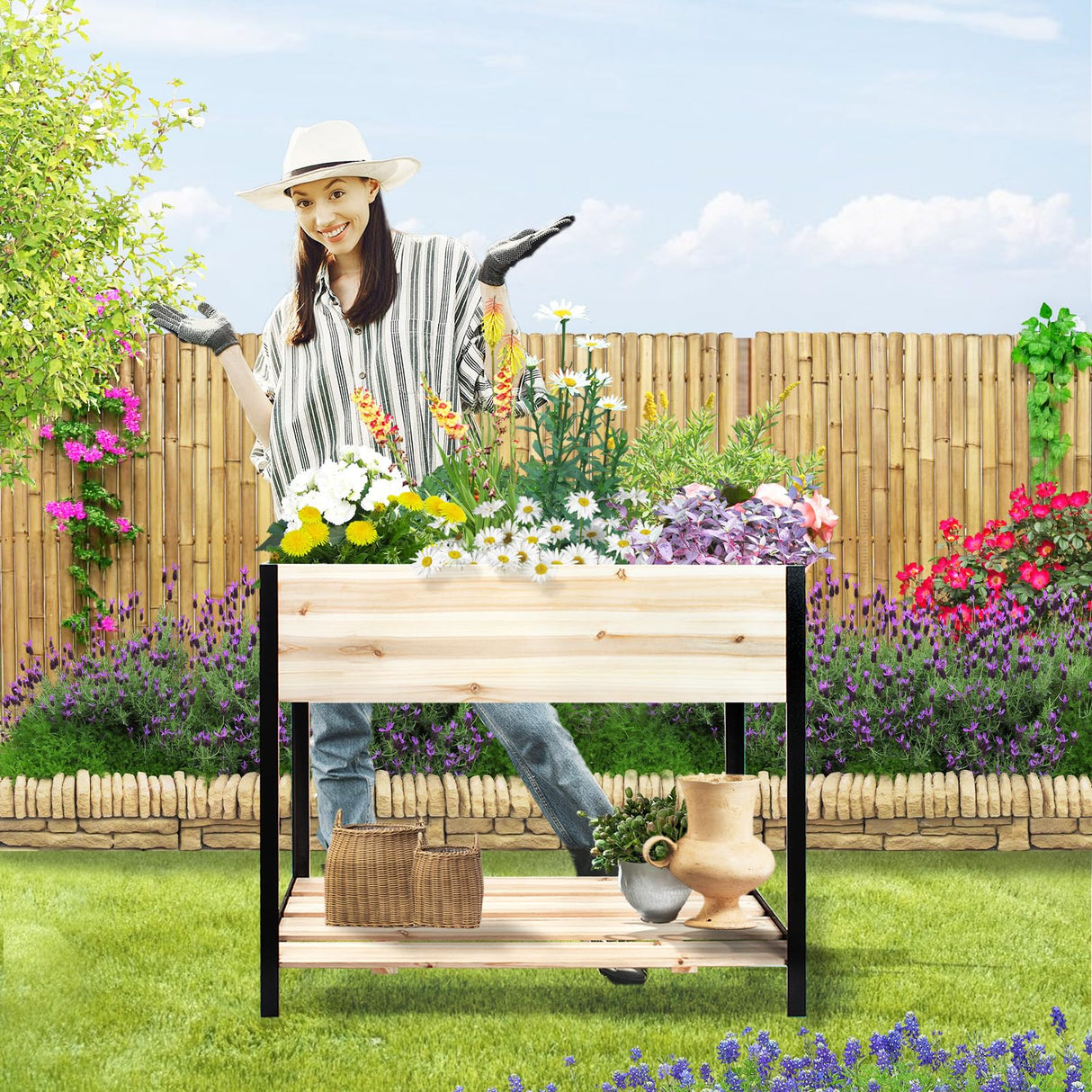 Hozeiee Raised Garden Bed with Legs, Metal & Wood Elevated Planter Box for Outdoor Plants, Vegetables, Flowers, Herbs, 4 Legs, 36(L) x18(W) x30(H) Inch Garden Bed for Outdoors Hozeiee