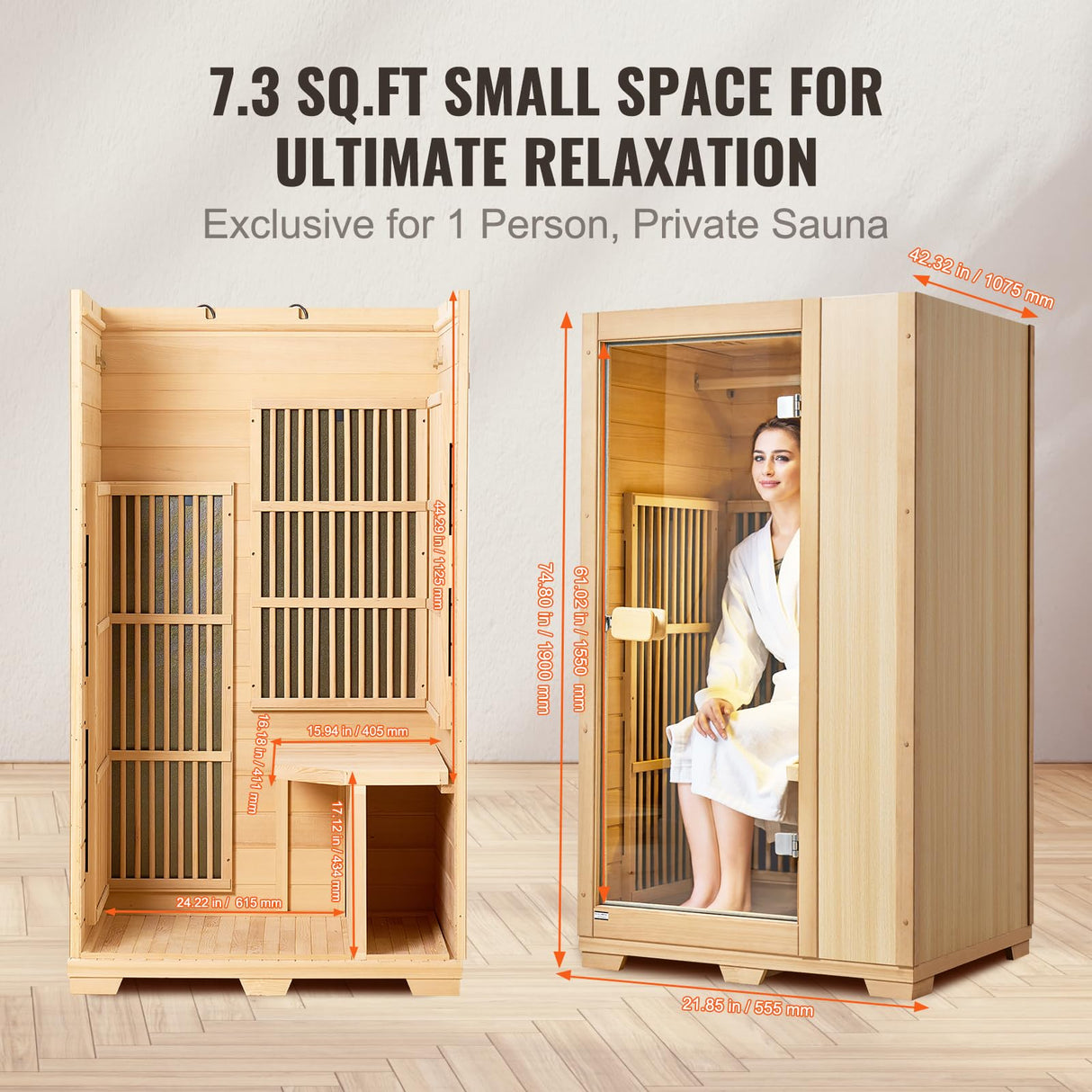 VEVOR Far Infrared Wooden Sauna, Room Home Sauna Spa for One Person, 1140W Low EMF Far Infrared Hemlock Wood Sauna with Tempered Glass Door & LED Reading Lamp & Bluetooth Speakers, 35 * 29 * 64 Inch VEVOR