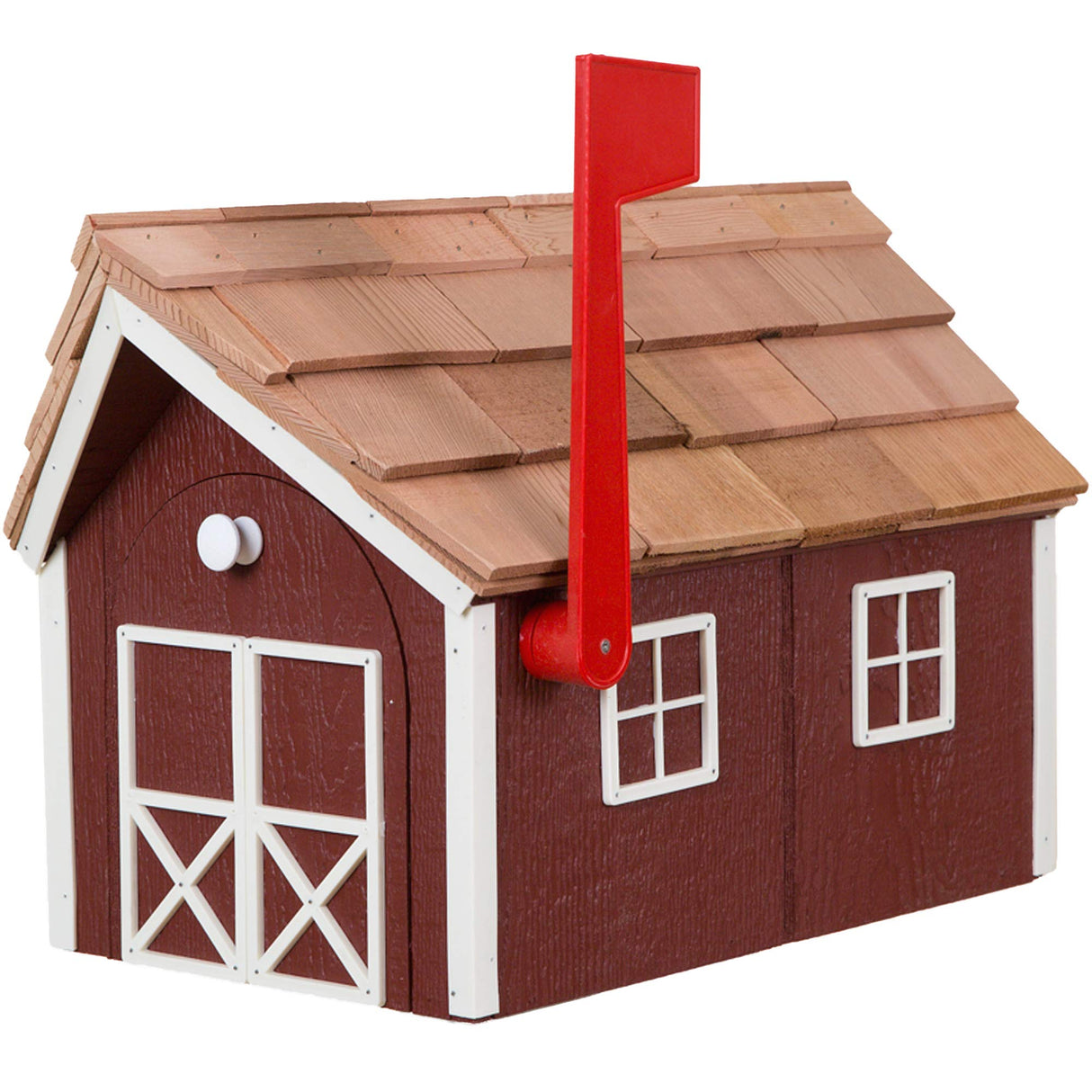 Amish Cedar Roof Wooden Mailbox with Window & Door Trim (Red with White Trim) Dress The Yard
