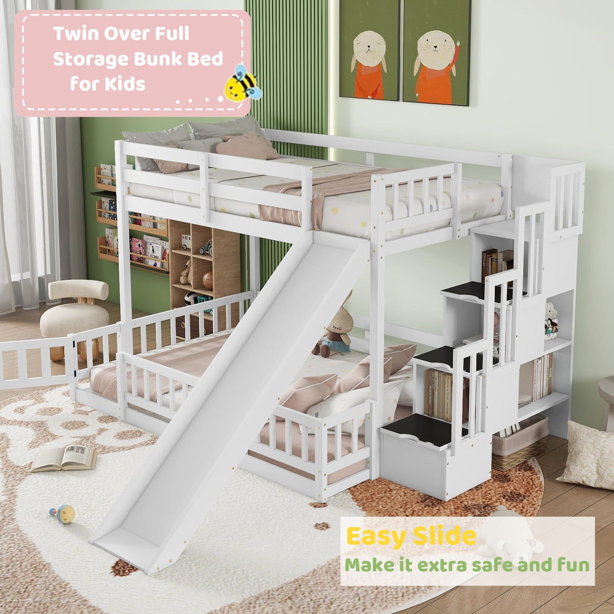 Duxelifin Twin Over Full Bunk Beds with Slide and Stairs, Low Bunk Bed Frame with Rails, Convertible Wood Bunk Bed with Storage Staircase for Kids Boys Girls, White Duxelifin