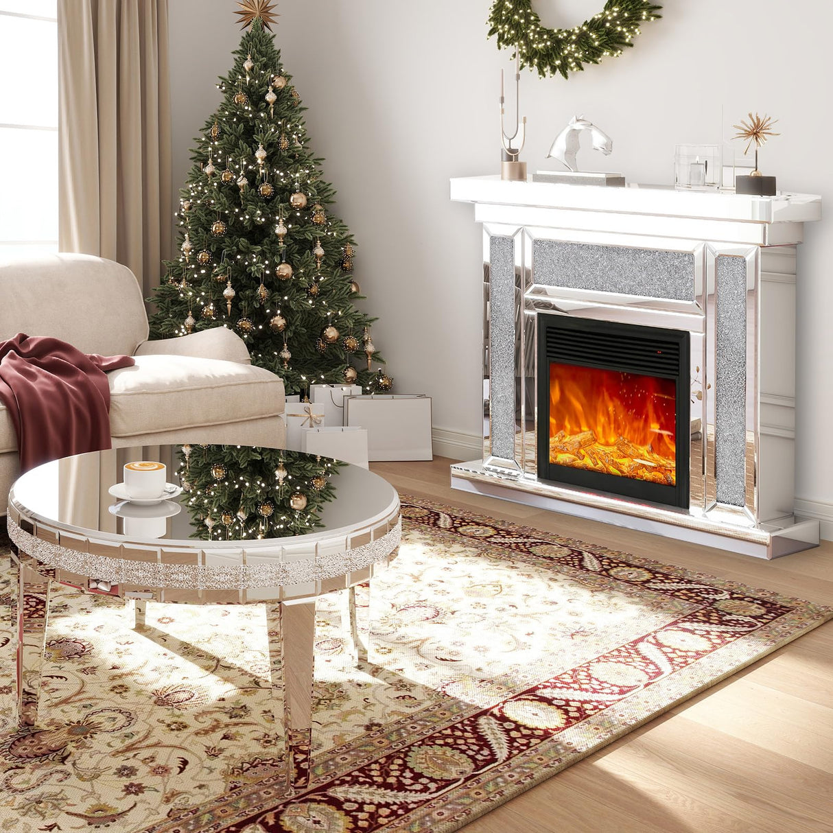 COSVALVE Silver Coffee Tables for Living Room Round with Luxury Mirror Surface, 31.5 Inches Mirrored Coffee Table with Legs & Crystal Inlay, Center Table Cocktail Table for Reception COSVALVE