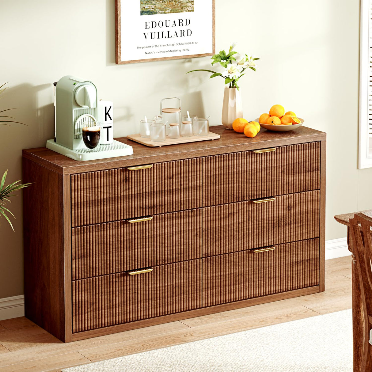 Ieejdn 55.12" Modern Chest of Drawer, 6 Deep Drawers,Clothes Organizer,Large Storage Cabinet for Living Room, Bedroom,Dresser TV Stand, Wood Drawer Organizer for Living Room, Hallway, Saddle