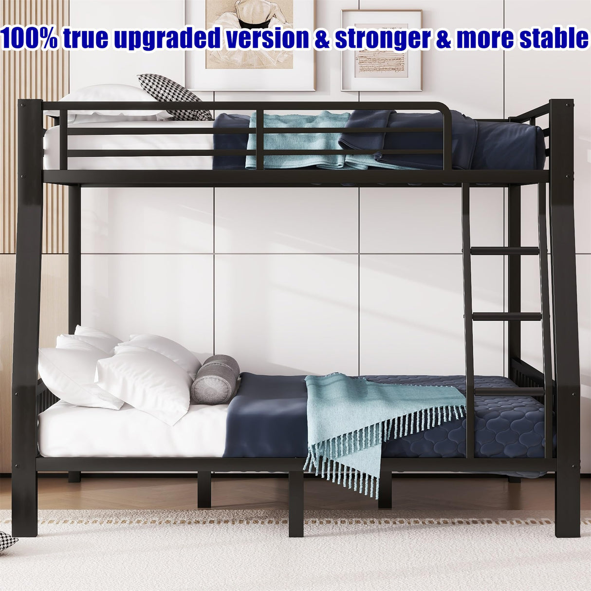 LEEKAF Stronger & Higher Quality Heavy Duty Metal Bunk Bed Full XL Over Queen Size Bunkbed, Thickened Safer More Stable Steel Queen Bunk Bed (Faster Assembly) (Full XL Over Queen) LEEKAF