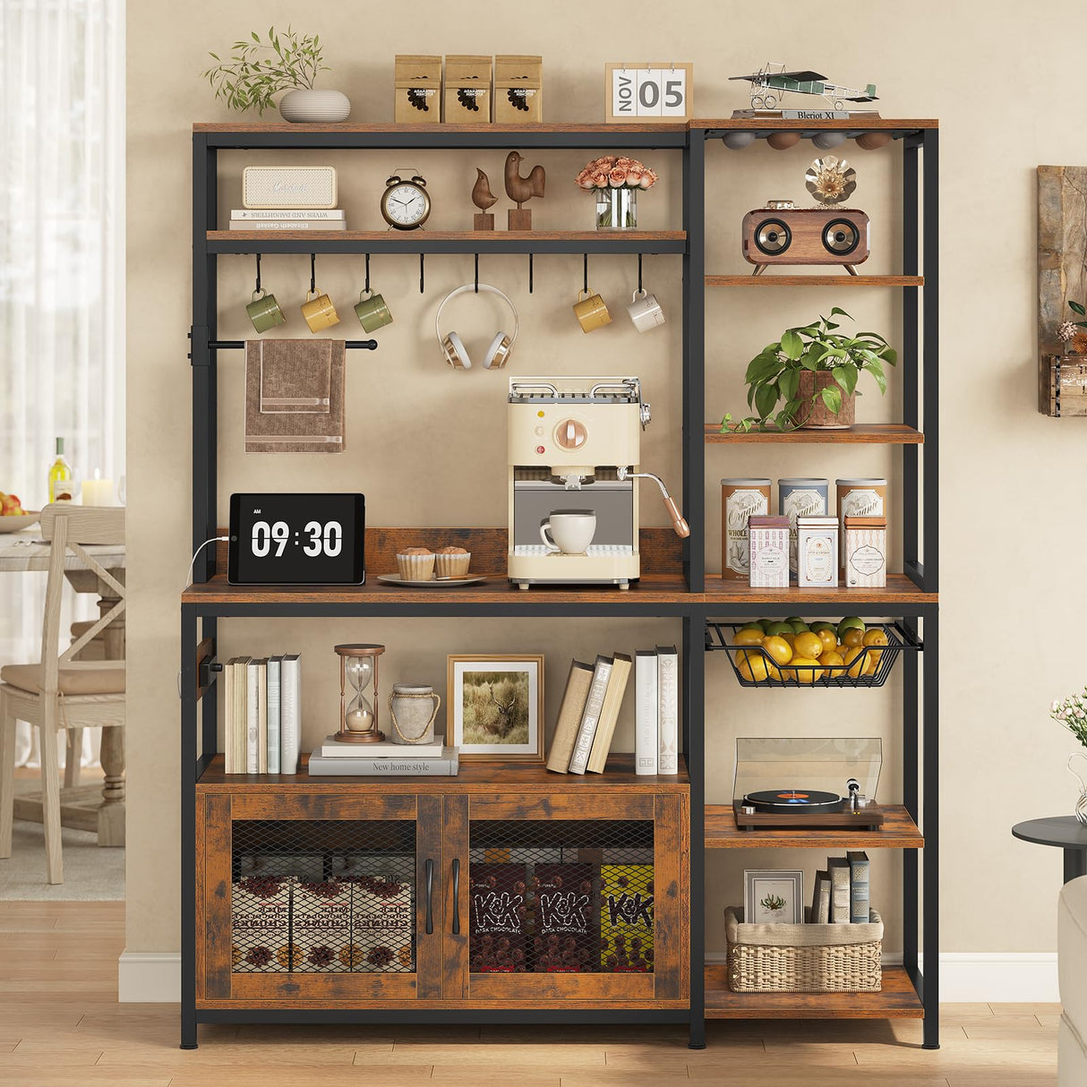 47.2 in Bakers Rack with Power Outlet & LED Light, Coffee Bar with Coffee Pod Holder for Vetuo, Kitchen Microwave Stand with Storage Shelves, Paper Holder, Cabinet, Wire Basket, 8 Hooks (Rustic Brown) UPOSOJA