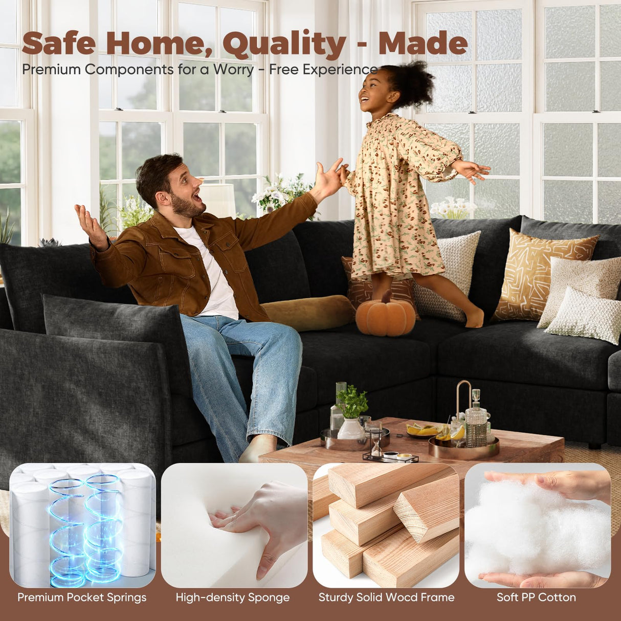 ABCASA Oversized Loveseat Sofa, Modern Modular Sectional Couch Black Fluffy Chenille Mid Century 2-Seat 24.5" Deep Seat for Apartment, Living Room, Bedroom ABCASA