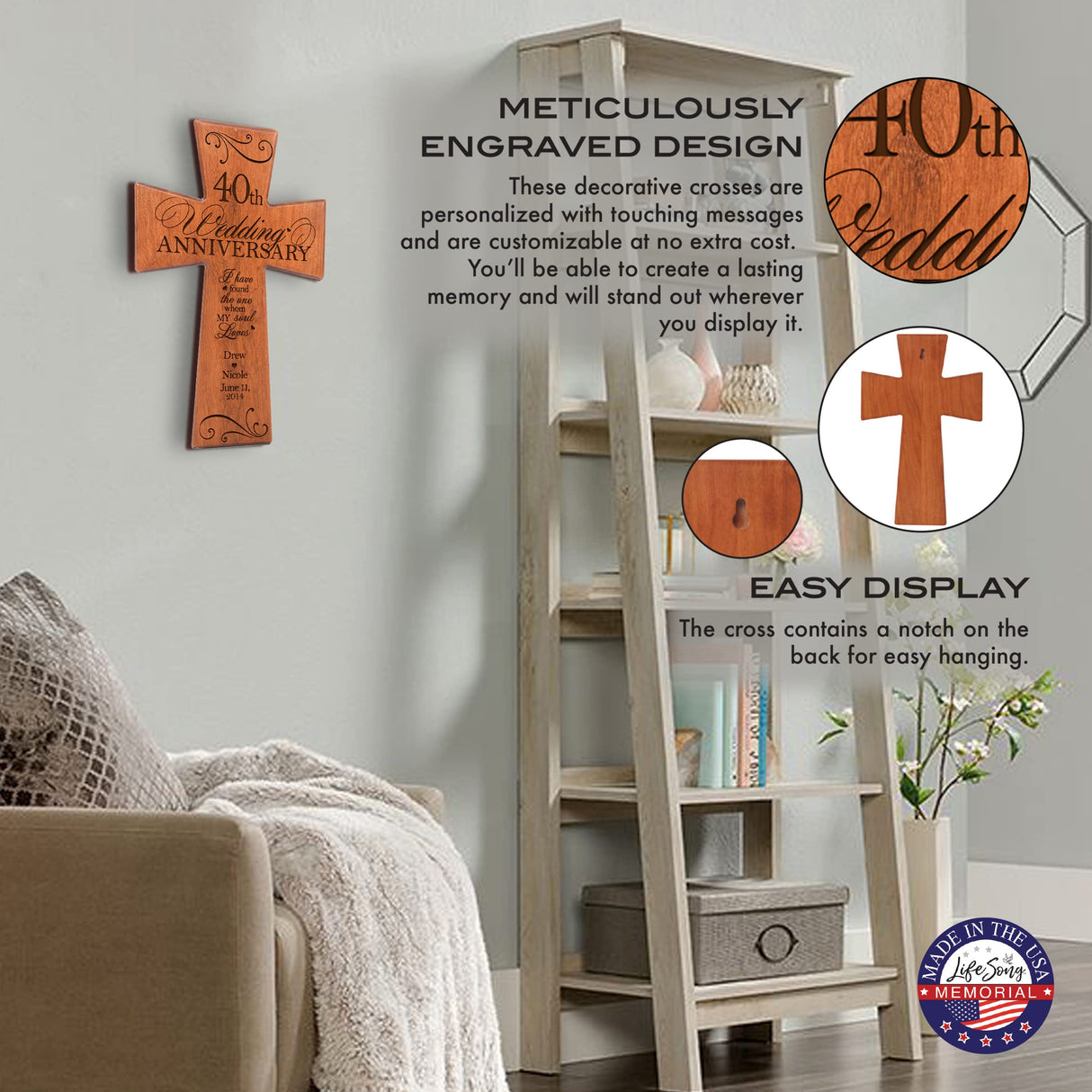 LifeSong Milestones Personalized 40th Wedding Anniversary Hanging Wall Cross for Parents Couple Grandparents Home and Wall Decoration LifeSong Milestones