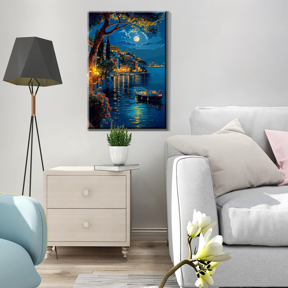 JOOZ Paint by Numbers Kit for Adults with Frame, Moon Paint by Number with Easel, DIY Town Lake Boat Paint by Numbers Landscape for Home Wall Decor 8 x 12 Inch JOOZ