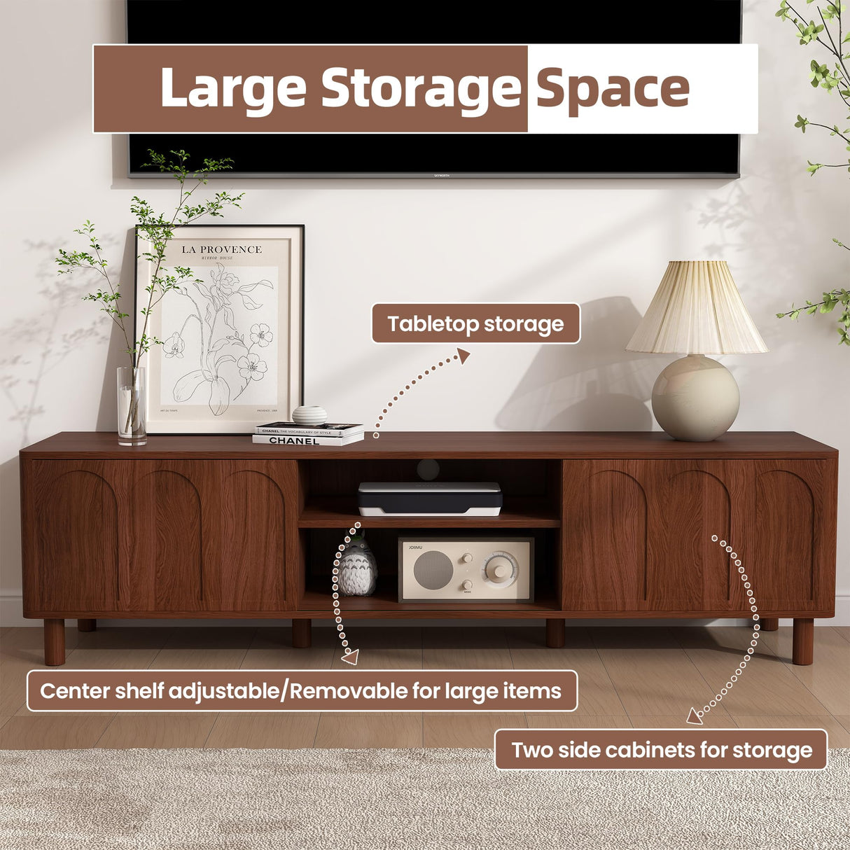 TV Stand for TVs up to 70'', Entertainment Center with Large Storage for Living Room, Media Console with Sliding Doors and Adjustable Shelves, Modern TV Cabinet for Game Consoles and Decor(Walnut) PHOYAL