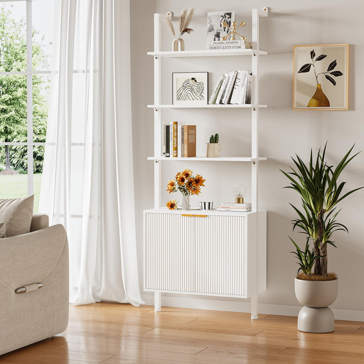 INNOD 74" Tall Bookshelf with Storage Cabinet, Modern Ladder Shelf with Wood and Metal Frame, Wall Mount Bookcase Open Display Shelf Furniture for Living Room, Bedroom, Home Office, White INNOD