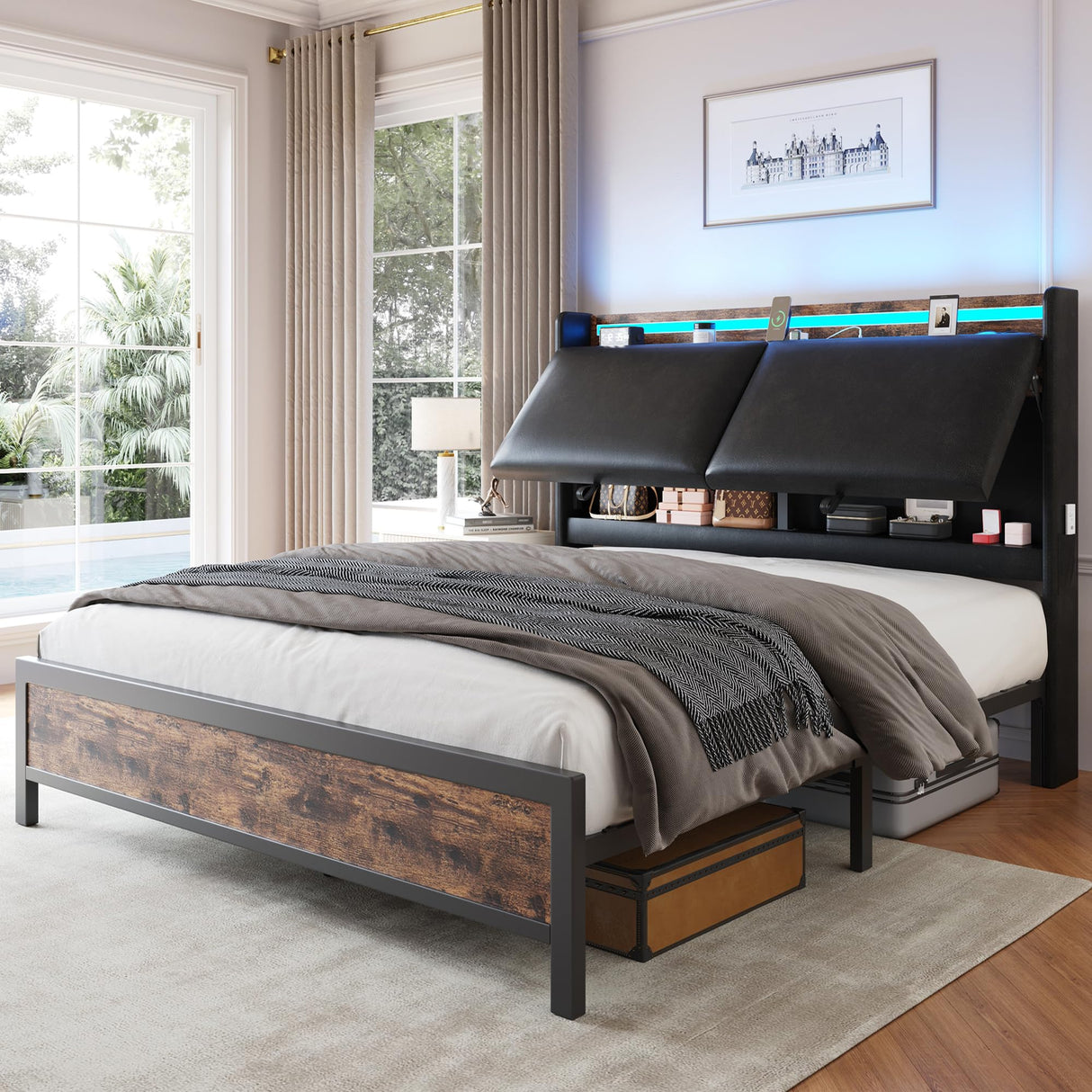 Queen Size Bed Frame with Adjustable Backrest Hidden Storage Headboard, PU Leather Upholstered Queen Bed Frame with Charging Station and LED Lights, Heavy Duty, No Box Spring Needed, Black&Brown Jocoevol
