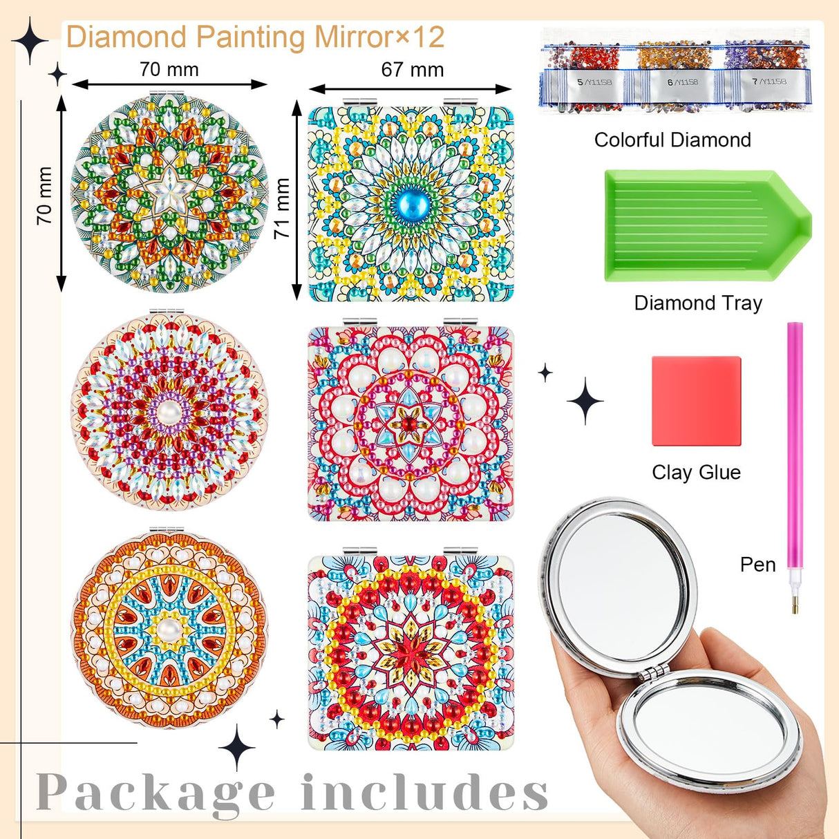 Kigley 12 Pcs Mandala Makeup Diamond Painting Mirror DIY Pocket Mirror Compact Diamond Art Kits for Adults Portable Crystal Magnifying Folding Purse Mirror for Beginners Women Man Crafts Kigley