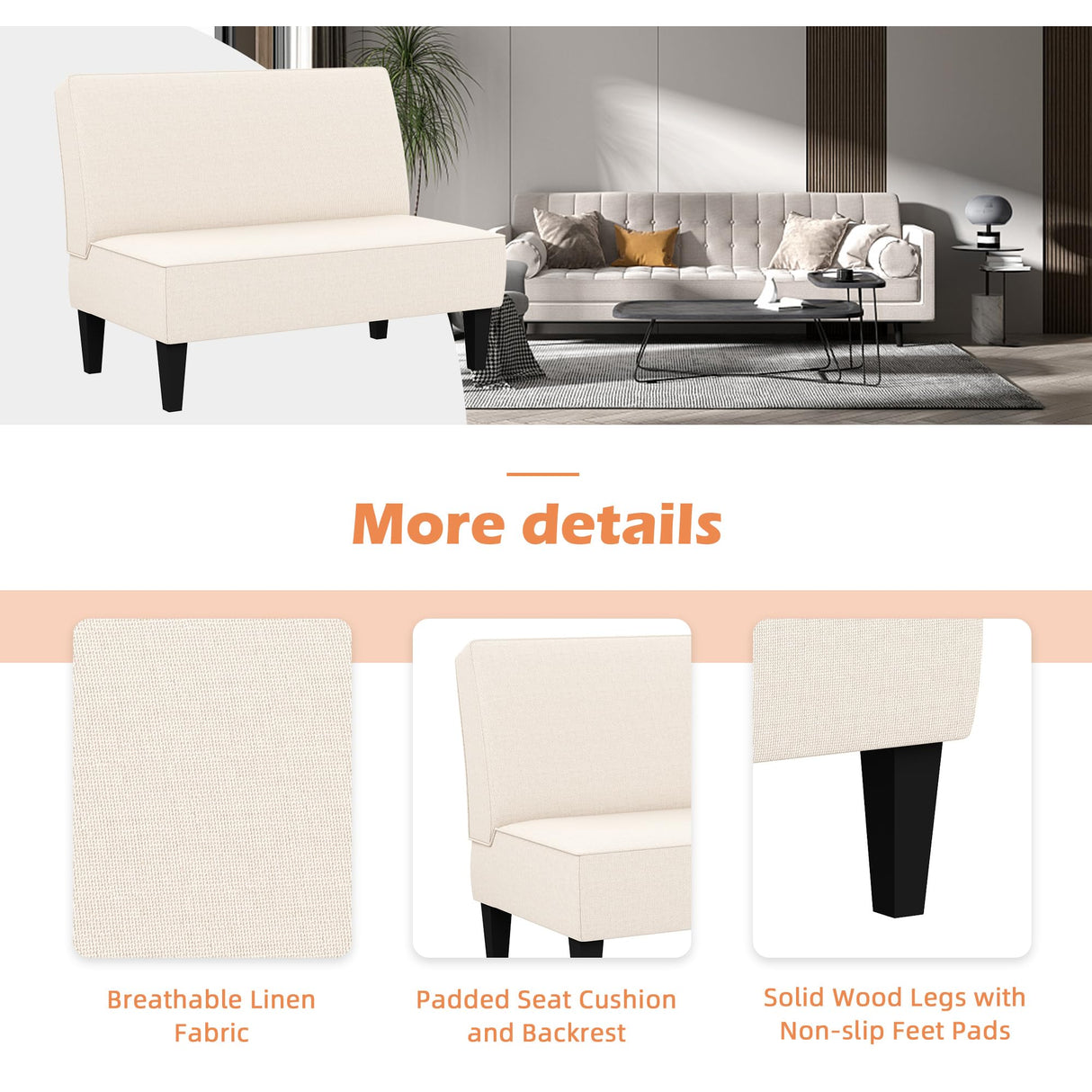 Yongqiang Small Loveseat Mini Sofa Couch Accent Upholstered Bench with Back Living Room Bedroom Office Armless Love Seat Settee Beige Yongqiang