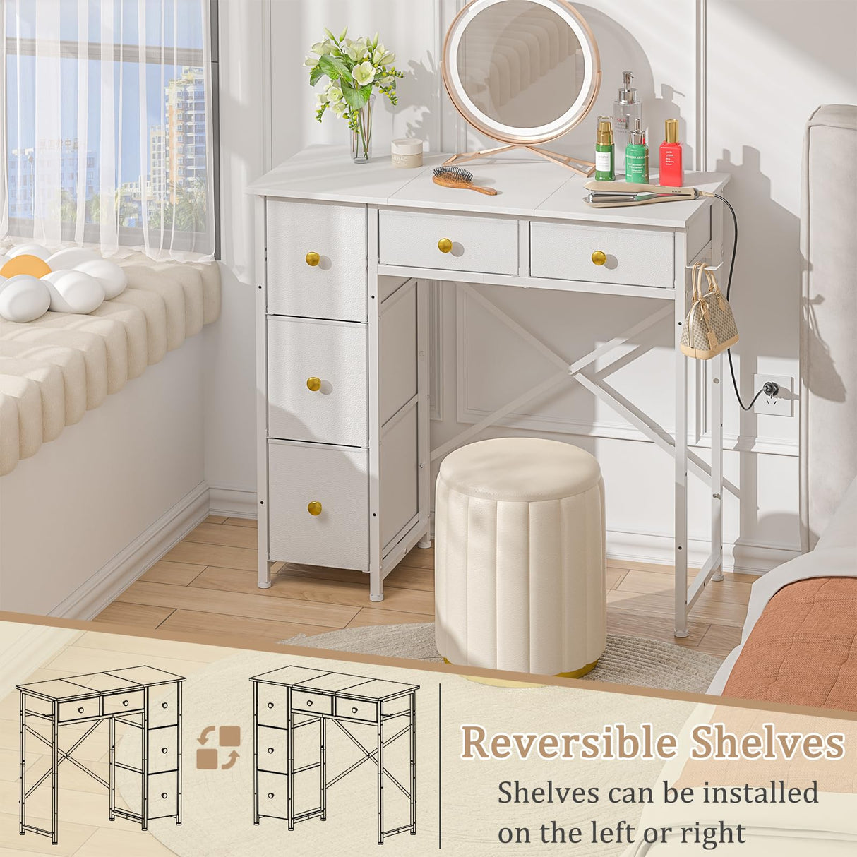 ThreeHio Small Vanity Desk, White Vanity Desk No Mirror, Makeup Table with Storage Drawers, Girls Vanity Dressing Table for Bedroom, 32.28 Inches Compact Vanity for Small Spaces ThreeHio